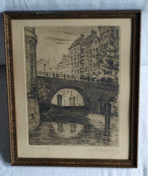 Niet of onleesbaar gesigneerd - Ingelijste ets, Stadsgezicht Hamburg , Ellerntorsbrücke – ca. 1930 ? kopen? Bied vanaf 1!