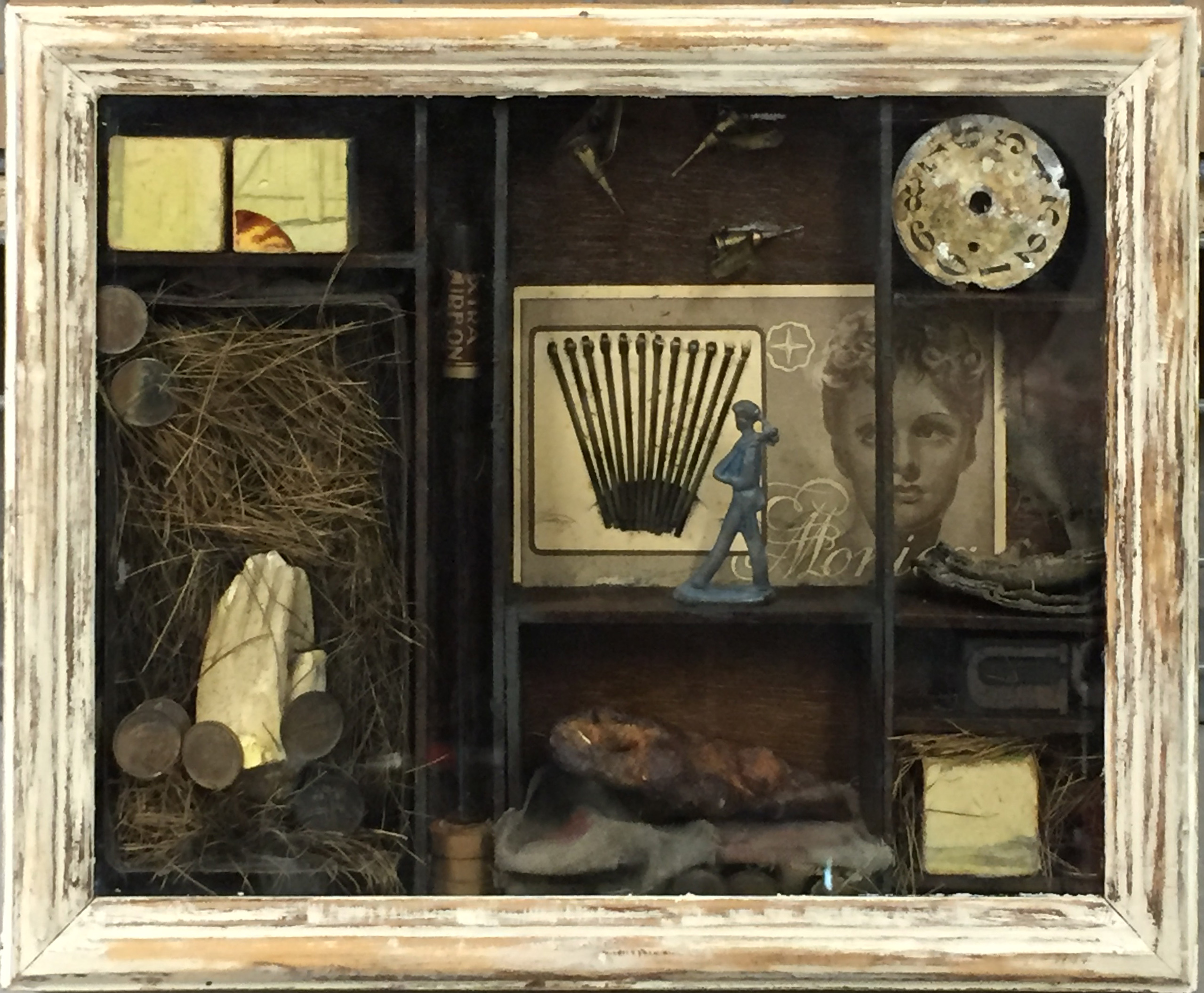 Aagje Pel - Kijkkastje met voorwerpen, Zonder titel - Ingelijst verkocht voor € 50!