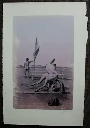 Joop Moesman - Unieke proefdruk in kleur (paars) litho: 'op wacht' - 1979 kopen? Bied vanaf 150!