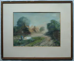 Arnold Koning - Ingelijste aquarel / pastel , Boerin bij Boerderij kopen? Bied vanaf 80!