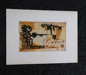 Hannes Postma - grote unica handgekleurde aquatint "mechanische projectie -1958 - gesigneerd kopen? Bied vanaf 46!