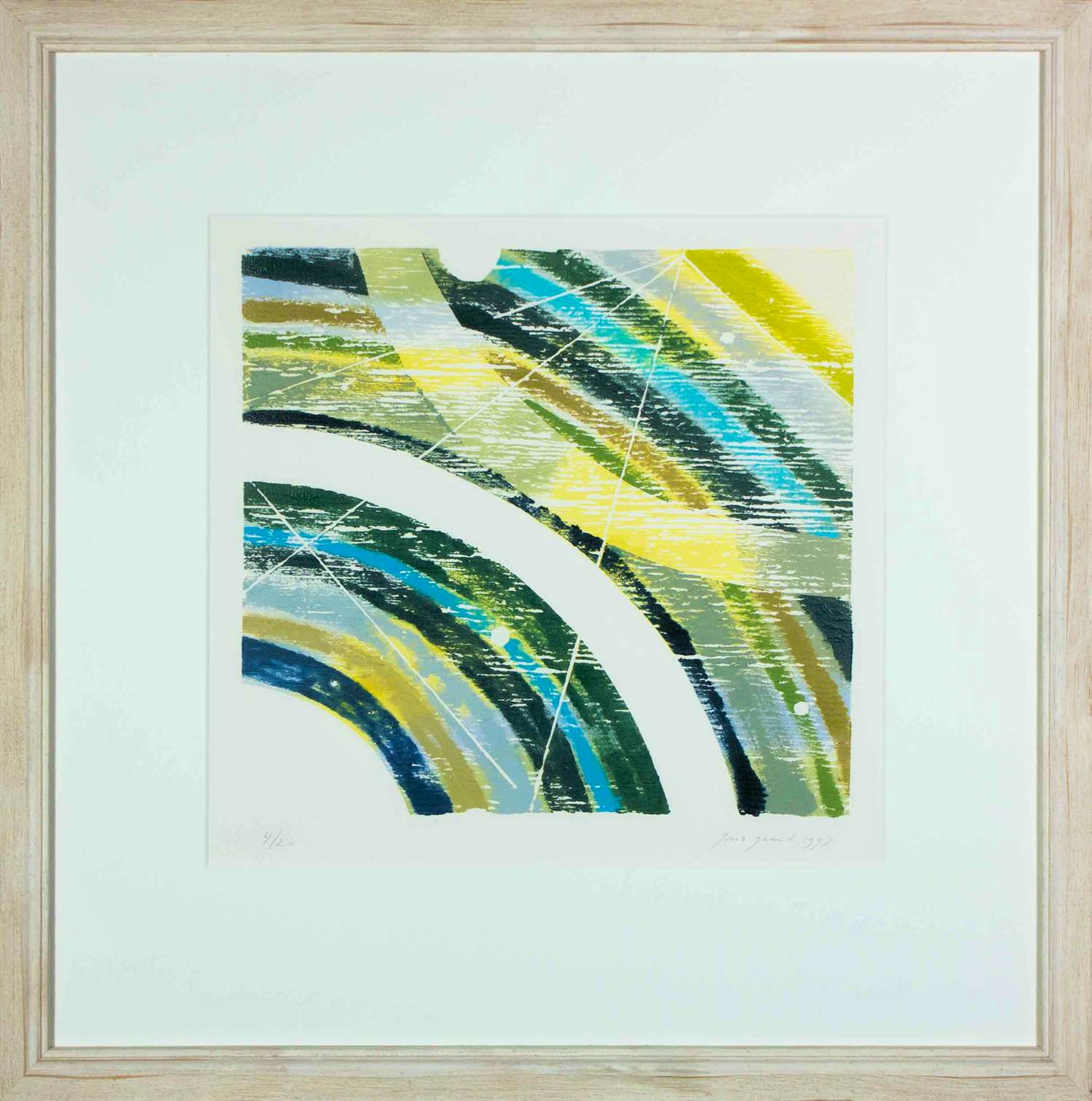 Joris Geurts - Houtsnede, Abstracte compositie met groene bogen - Ingelijst kopen? Bied vanaf 35!