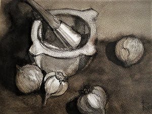 Niet of onleesbaar gesigneerd - Spanje 1973 gestileerd (keuken) stilleven "Vijzel,uien en knoflook" ges. RUEDA kopen? Bied vanaf 1!