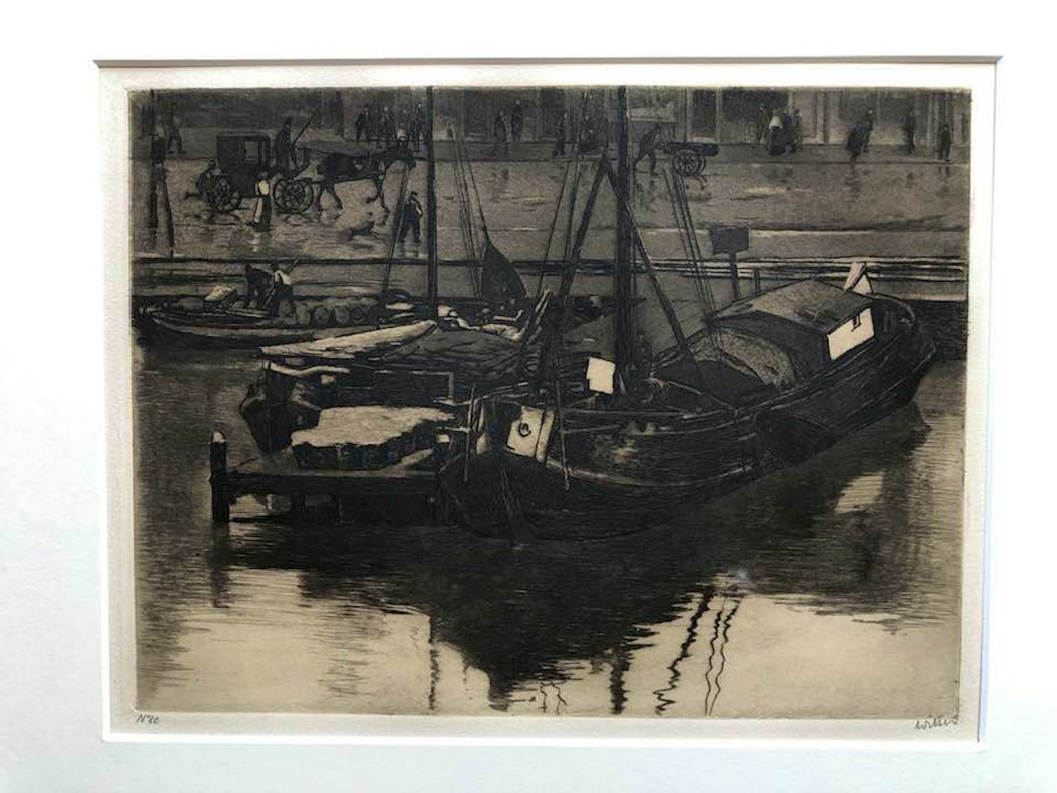 Willem Witsen - Ets: Damrak, gezicht op een steiger of Schuiten 1906 verkocht voor € 200!