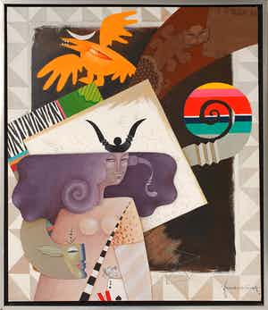 Frank Slabbinck - Acryl op doek: 'Compositie met kat, vogel en vrouw' - Ingelijst verkocht voor € 350!