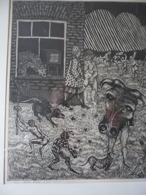 Wim Worm - Ets. Titel, "Palm Pasen", uit 1969. kopen? Bied vanaf 35!