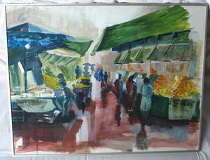 Niet of onleesbaar gesigneerd - Acrylverf en collage , De markt op een regenachtige dag – ingelijst - Groot kopen? Bied vanaf 1!