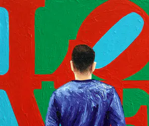 Gerard Boersma - Love (Man kijkend naar pop art schilderij van Robert Indiana) kopen? Bied vanaf 75!