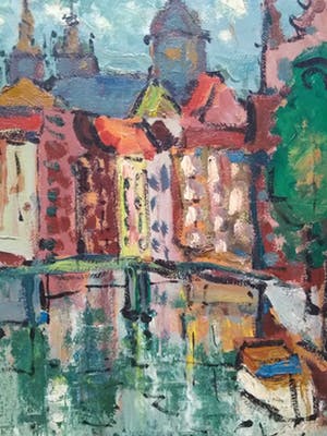 Niet of onleesbaar gesigneerd - Expressionistisch stadsgezicht te Amsterdam kopen? Bied vanaf 10!