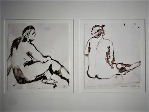 Lies Cosijn - Vooraanstaand Keramiste -Twee (2) Inkt tekeningen "Fietje" fraai ingelijst kopen? Bied vanaf 48!