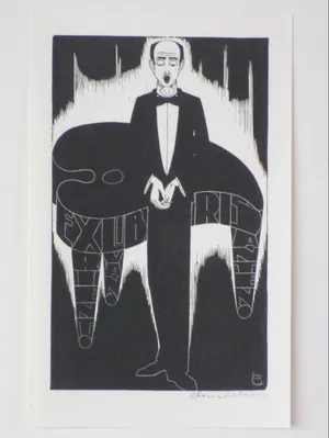 Chris Lebeau - Zingende figuur in avondkleeding voor vleugel - Houtgravure kopen? Bied vanaf 100!