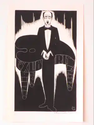 Chris Lebeau - Zingende figuur in avondkleeding voor vleugel - Houtgravure verkocht voor € 100!