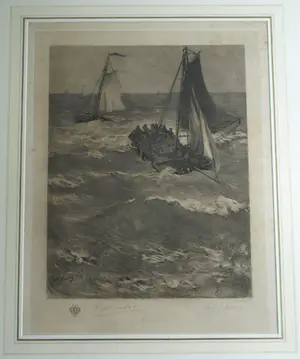 Hendrik Willem Mesdag - & C.L. Dake : Grote ingelijste ets , Vissersboten bij Scheveningen – 1879 kopen? Bied vanaf 1!