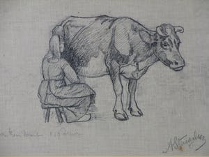 Alphonse Stengelin - Koemelkende boerin - Tekening kopen? Bied vanaf 50!