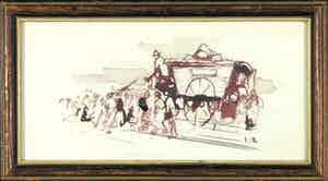 Jan Rijlaarsdam - Inkttekening, z.t. Optocht met paard en wagen - Ingelijst verkocht voor € 1!