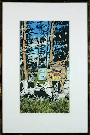 Peter Breevoort - Linosnede op papier, Er op uit ! - Ingelijst verkocht voor € 35!