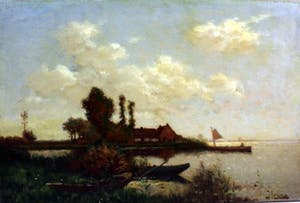 Henk Leurs - Hollands landschap met bootjes in rietkraag bij meer kopen? Bied vanaf 175!