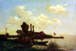 Henk Leurs - Hollands landschap met bootjes in rietkraag bij meer verkocht voor € 175!