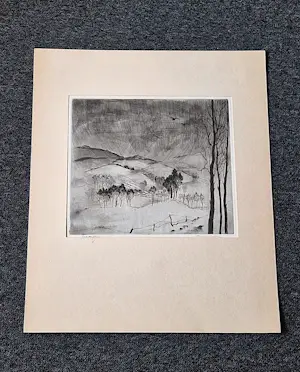Hans van Dokkum - Fraaie in 1948 gemaakte monochrome Lithografie "Limburg in de sneeuw" kopen? Bied vanaf 36!