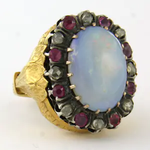 14k gouden ring met opaal, robijn en roos diamanten tot. 0.10ct kopen? Bied vanaf 1100!