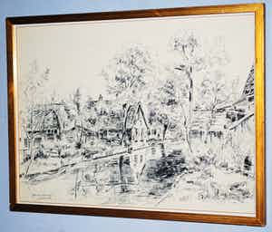 Henk Visser - 't Gein en Abcoude anno 1957 - grote pentekening verkocht voor € 40!