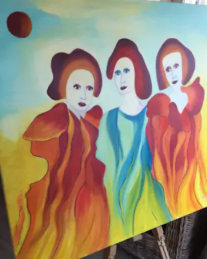 Maartje Wijngaarden - "drie vrouwen" | surrealistisch schilderij (Groot) kopen? Bied vanaf 115!