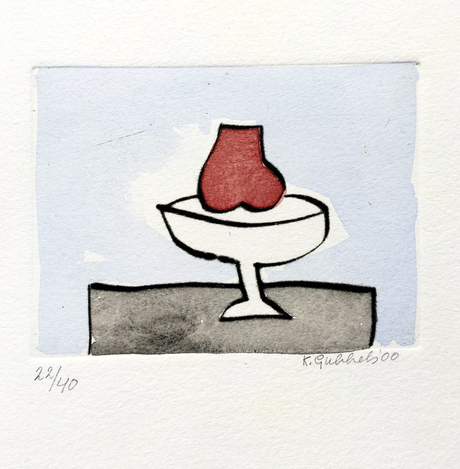 Klaas Gubbels - ets met aquarel ingekleurd - ‘Stilleven met peer’’ verkocht voor € 245!