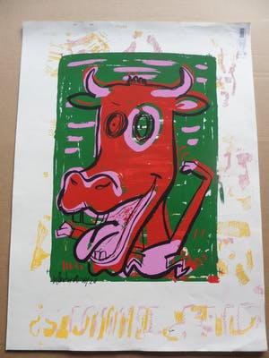 Peter Klashorst - Zeefdruk, titel. "Mad Cow Green". kopen? Bied vanaf 35!