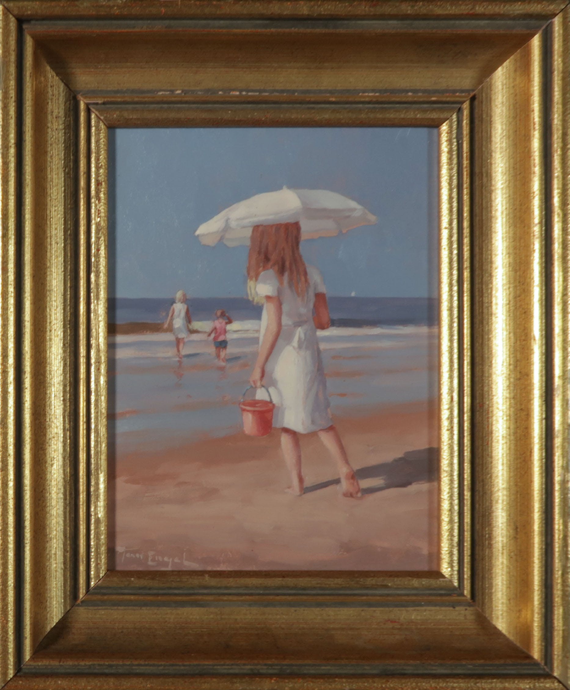 Jan Engel - Olieverf op hardboard, Strandgezicht met kinderen - Ingelijst verkocht voor € 225!