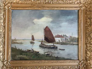 Joop Dam - Riviergezicht met varende platbodems. kopen? Bied vanaf 115!