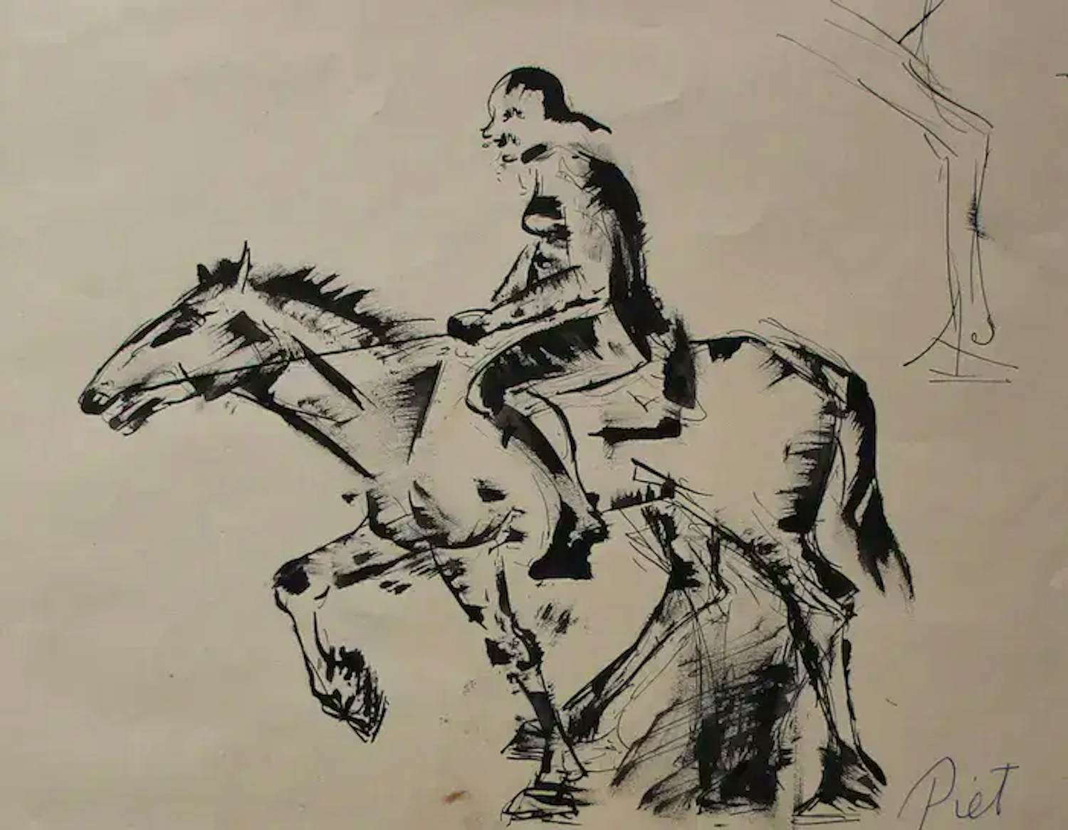 Piet van Stuivenberg - Inkttekening man op paard kopen? Bied vanaf 45!