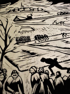 Hendrik van der Horst - UNIEK GRAFIEK! Grote Sport-Linosnede "de barre Elfstedentocht 1963" kopen? Bied vanaf 10!