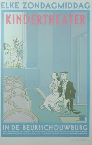 Joost Swarte - Zeefdruk, Elke zondagmiddag kindertheater - Ingelijst kopen? Bied vanaf 35!