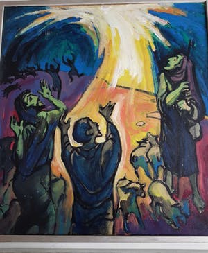 Klaas Pijlman - Olieverf op board, "figuren in het vuur die hogere macht aanbidden" kopen? Bied vanaf 1!