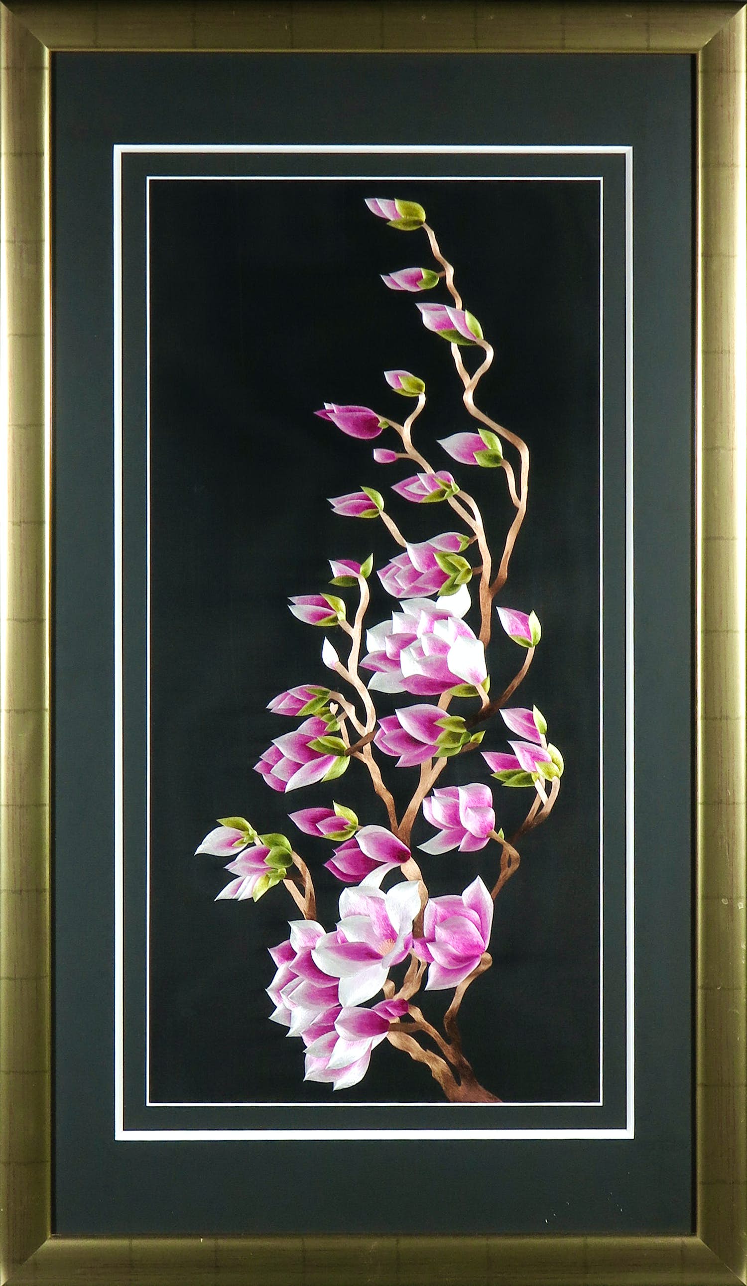 Niet of onleesbaar gesigneerd - Zijden borduurwerk, Magnolia's - Ingelijst kopen? Bied vanaf 1!