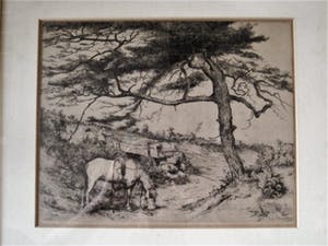 Adrianus Johannes Grootens - Knappe circa 1930 droge naald Ets "Kar en Paard in Duinlandschap" gesigneerd kopen? Bied vanaf 1!