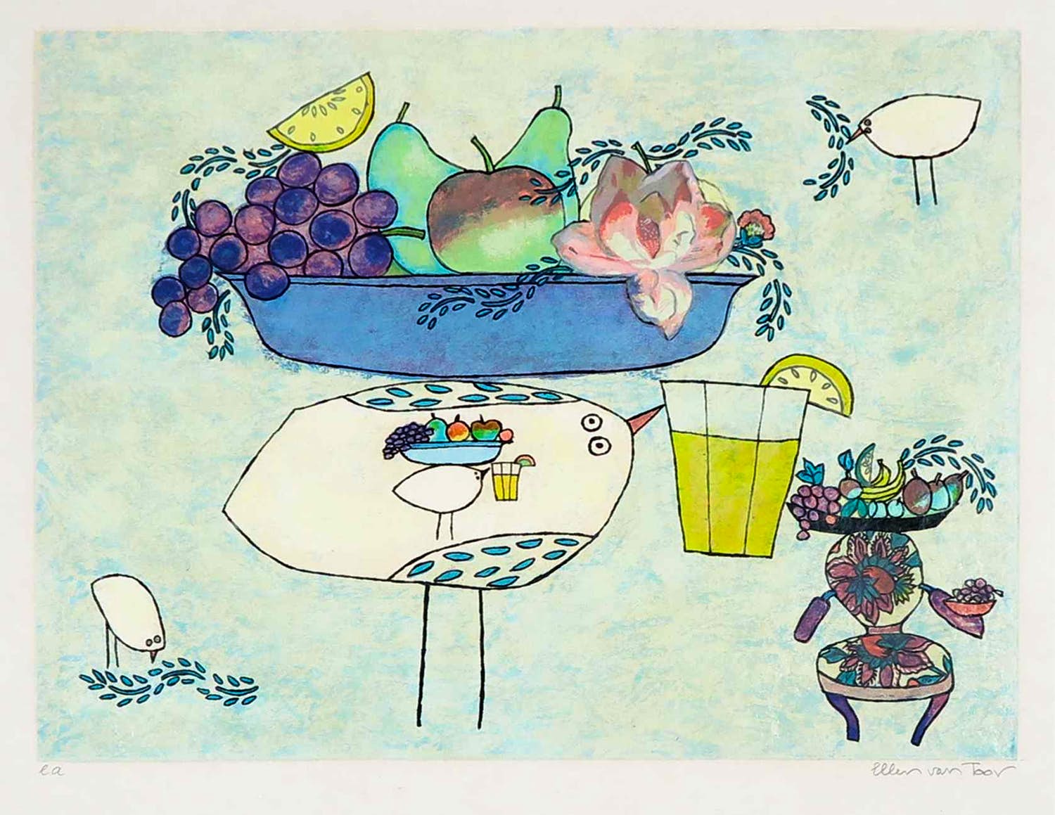 Ellen van Toor - Zeefdruk, Fruitschaal verkocht voor € 40!