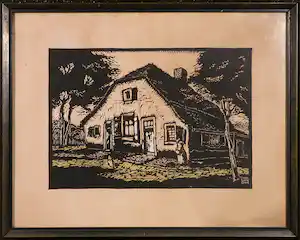 Paul van Dam - Houtsnede, Veluwse boerderij - Ingelijst verkocht voor € 1!