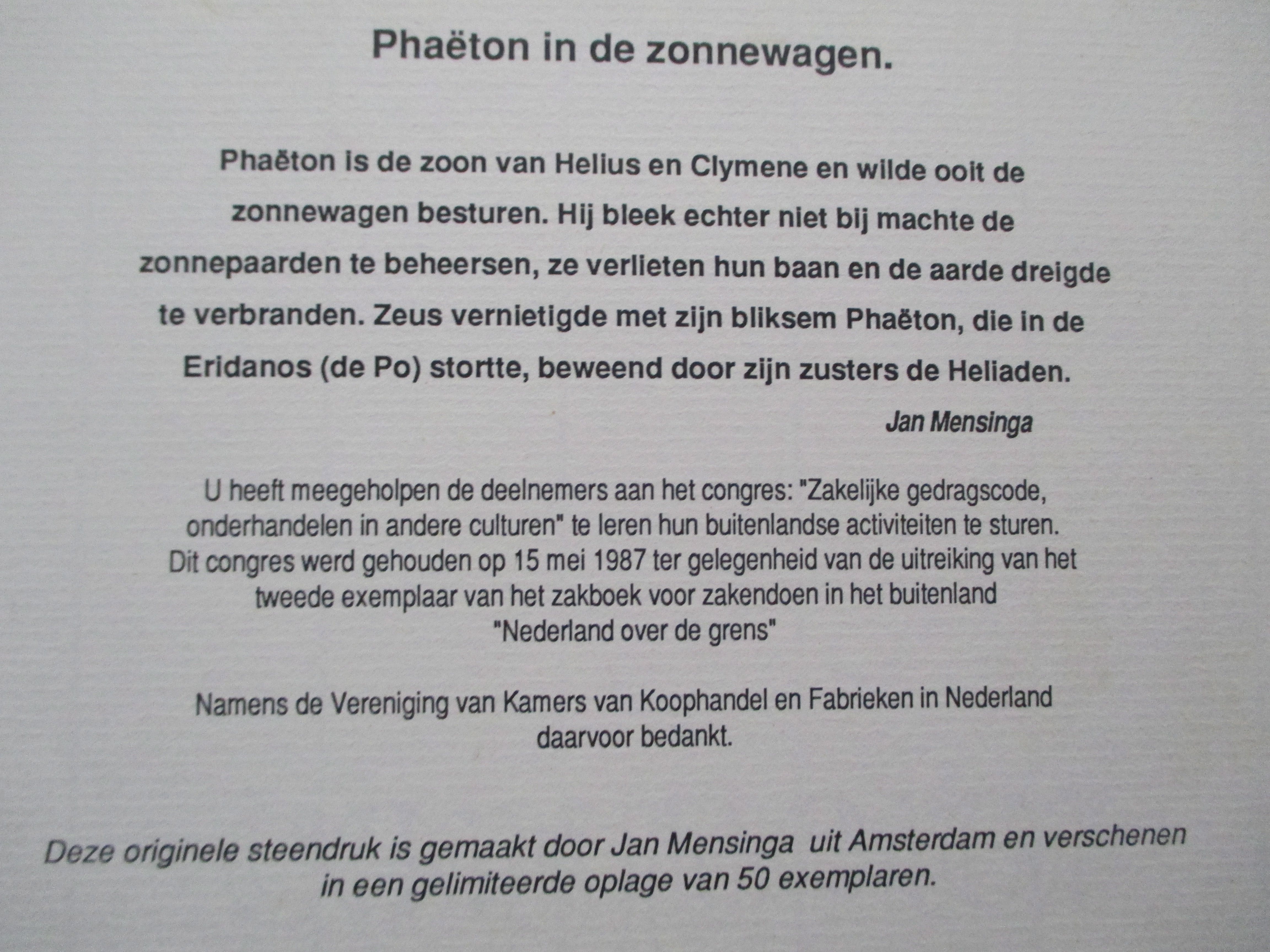 Jan Mensinga - Ingelijste litho "Phaëton in de zonnewagen" kopen? Bied vanaf 45!