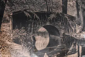 Jan Veringa - Houtsnede - Brug over bosvijvertje met zwanen kopen? Bied vanaf 100!