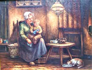 Dirk Kubbe - Boereninterieur met moeder kind. verkocht voor € 50!