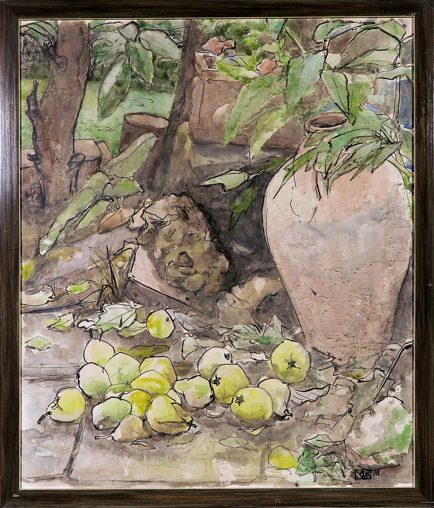 Mien van Koppenhagen - Olieverf op doek, Gevallen peren - Ingelijst verkocht voor € 1!