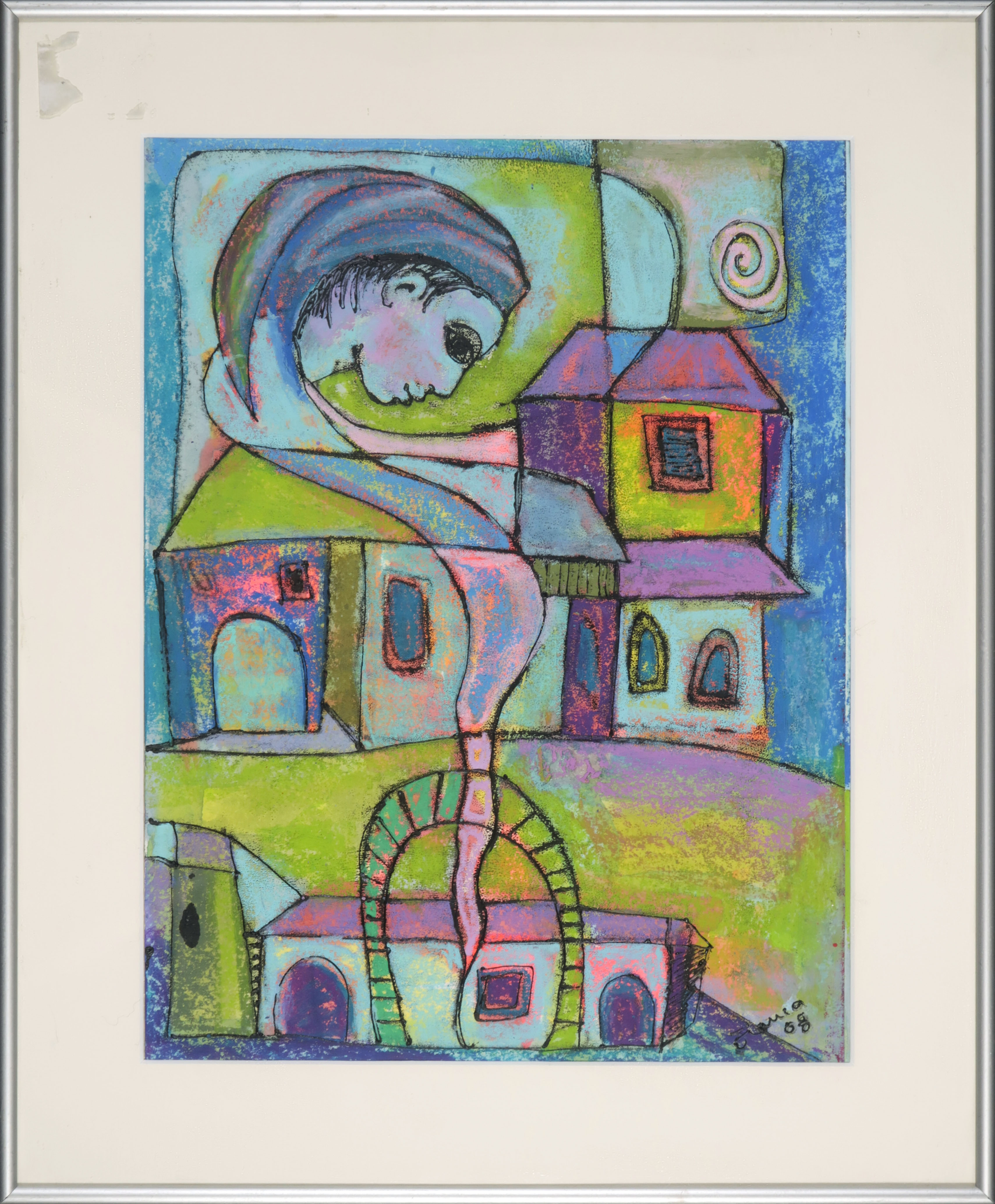 Franca Muller Jabusch - Gemengde techniek, o.a. krijt en acryl, Droomhuis - Ingelijst verkocht voor € 45!