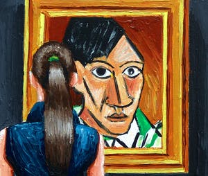 Gerard Boersma - Self Portrait Picasso (Vrouw kijkend naar zelfportret van Picasso) kopen? Bied vanaf 75!