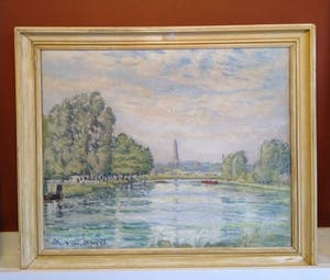 Niet of onleesbaar gesigneerd - Zomer a/d Vliet, 1958 (Toren van Voorschoten o/d achtergrond) kopen? Bied vanaf 1!