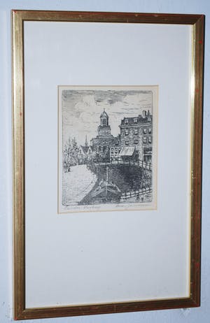 Marius Johannes Janssen - Leiden, Visbrug - ets - fraai ingelijst kopen? Bied vanaf 35!