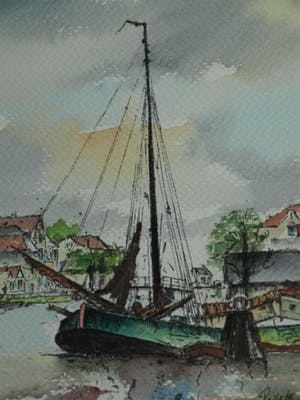 Niet of onleesbaar gesigneerd - Gesigneerd “Belleke ?” , Aquarel - “Molen aan de haven” – ingelijst kopen? Bied vanaf 10!