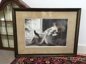 Alfred Renaudin - C3914-3 - Boeklezende vrouw met poes op bed kopen? Bied vanaf 30!