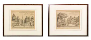 AcheterNiet of onleesbaar gesigneerd - Lot van twee ingelijste gravures met locaties in Amstelveen? Enchérissez de 1!