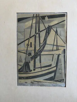 Geert Geerligs - linosnede: het inhalen van de netten kopen? Bied vanaf 25!